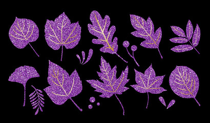 Wall Mural - Set of purple glitter leaves