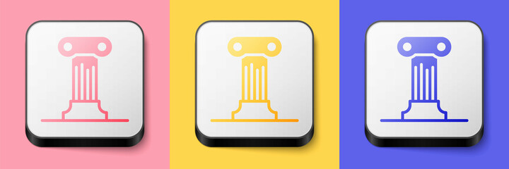 Wall Mural - Isometric Law pillar icon isolated on pink, yellow and blue background. Ancient column. Square button. Vector