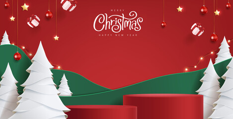Wall Mural - merry christmas banner with product display cylindrical shape and festive decoration for christmas