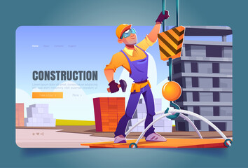 Construction banner with worker in helmet and crane hook. Vector landing page of house building with cartoon illustration of man builder in orange hardhat lifting weight with machinery