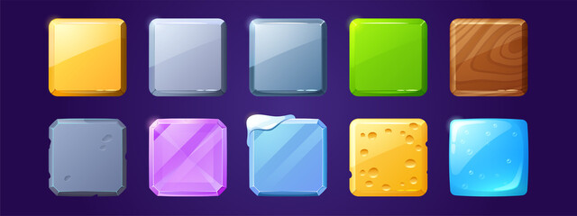 Square buttons with metal, wooden and water textures for ui game design. Vector cartoon set of glossy labels from gold, silver, steel, ice with snow, stone, cheese and purple crystal
