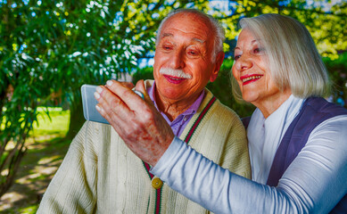 Sticker - Happy couple in 70s making selfie in the garden