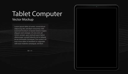 Sticker - tablet computer vector mockup template with black screen and dark colored abstract background.