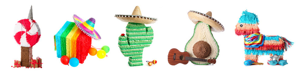 Sticker - Set of different Mexican pinatas on white background