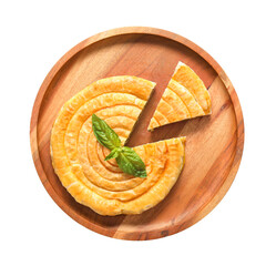 Wooden stand with tasty spinach pie on white background