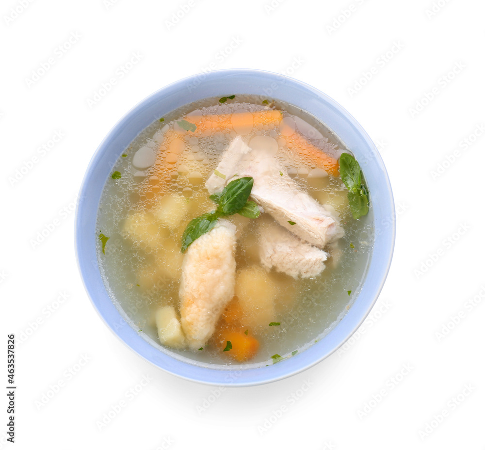Bowl of tasty dumpling soup isolated on white background