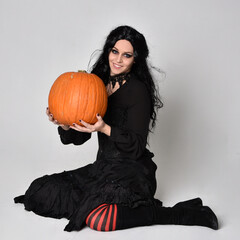 Full length portrait of dark haired woman wearing  black victorian witch costume  sitting pose wit ha pumpkin, with  gestural hand movements,  against studio background.