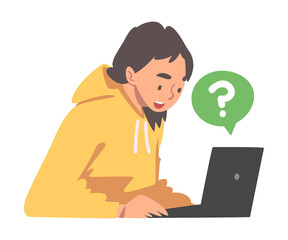 Wall Mural - Young Woman Character Asking Question Using Internet Search System on Her Laptop Vector Illustration