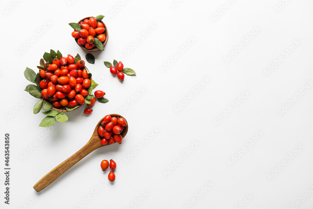 Composition with fresh rose hip berries on white background