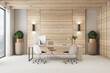 © Who is Danny - Modern wooden office interior with desktop, equipment, window with city view and other items. Workplace and design concept. 3D Rendering.