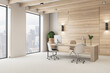 © Who is Danny - Contemporary wooden office interior with desktop, equipment, window with city view and other items. Workplace and design concept. 3D Rendering.