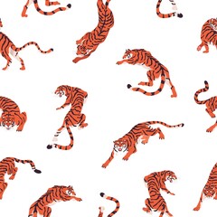 Fototapete - Tiger animal pattern. Seamless background with repeating print. Endless texture design with tropical wild big cats in different poses. Printable flat vector illustration for decoration and fabric