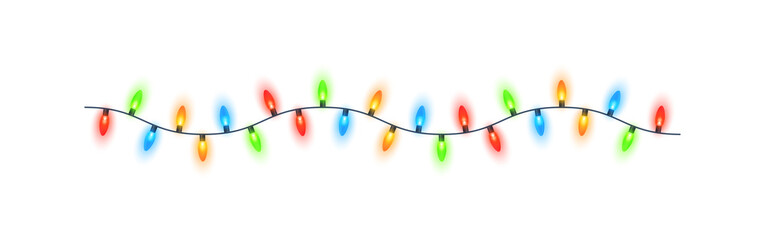 Wall Mural - christmas lights isolated. colorful xmas garland. vector glowing light bulbs on wire strings.