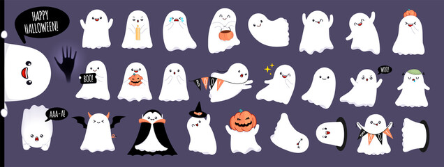 Wall Mural - Mega Set of cute happy ghosts with different emotions and face expressions. White scary spirits in cartoon style. Cute baby ghosts for Halloween party