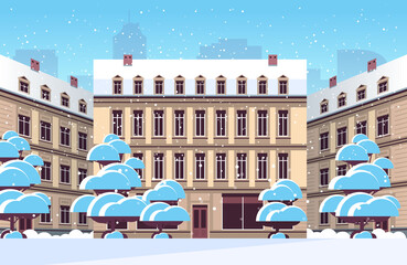 Sticker - winter city street with modern houses exterior urban buildings facade horizontal cityscape