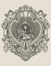 Illustration Sugar Woman Skull With Engraving Ornament Frame