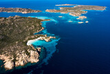 Fototapeta  - View from above, stunning aerial view of La Maddalena archipelago with Budelli, Razzoli and Santa Maia islands bathed by a turquoise and clear waters. Sardinia, Italy.