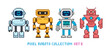 © VRTX - Pixel art cartoon robots and aliens in 8 bit style vector collection. Cute pixel girl and boy robot mascot and funny invader characters set. Retro game team superhero characters design