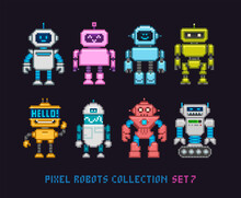 Pixel Art Cartoon Robots And Aliens In 8 Bit Style Vector Collection. Cute Pixel Girl And Boy Robot Mascot And Funny Invader Characters Set. Retro Game Team Superhero Characters Design