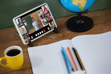 Sticker - Smiling diverse elementary school pupils during class on tablet screen