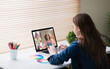 © vectorfusionart - Caucasian girl using laptop for video call, with smiling diverse high school pupils on screen