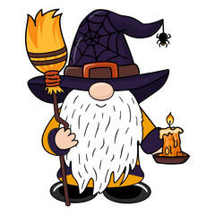 Halloween gnome with candle and broom. Halloween Gnome t shirt design vector. Cute Happy Halloween Vector illustration. 