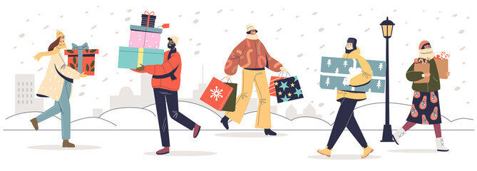 Wall Mural - People carrying gifts boxes for christmas prepare new year and xmas presents for family and friends