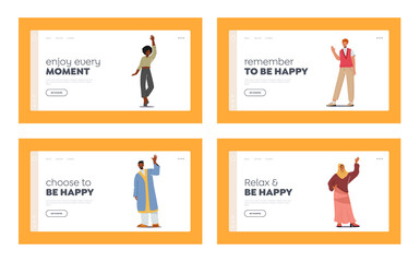 Wall Mural - Friendly People Landing Page Template Set. Multinational People Waving Hands, Happy Male and Female Characters