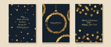 Shiny, Festive Christmas, New Year Greeting Cards Collection. Golden Foil, Glitter Texture. Dotty Background, Stars.
