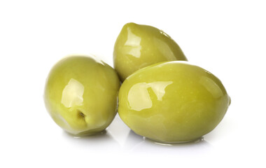 Poster - Delicious green olives isolated on white background