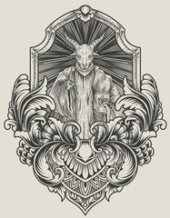 Wall Mural - illustration scary baphomet on engraving ornament