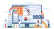 © YummyBuum - People build website. Developers create software. Designers and programmers work on project. Coordinated teamwork. DevOps system. Vector application interface and content development
