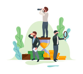 Canvas Print - Exploring business characters. Successful person outdoor exploration watching in telescope or binoculars on growth up processes garish vector flat background