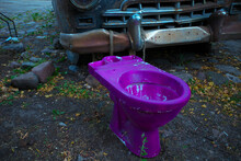 Purple Creative Old Toilet Bowl. Fragment Of A Retro Rusty Car.