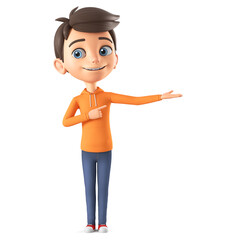 Sticker - Cartoon character boy in orange sweatshirt points his finger to an empty palm. 3d render illustration.