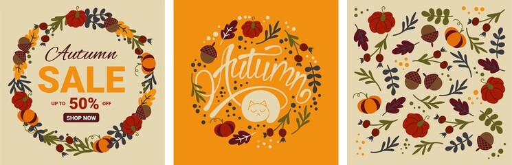 Set of autumn designs with falling leaves, pumpkins and lettering. Vector illustration with special offer typography elements for coupon, voucher, banner, flyer, ad poster or postcard.