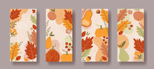 Set Of Vertical Social Media Backgrounds With Autumn Ornaments. Pumpkins, Berries, Leaves And Fruits.