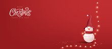 Merry Christmas Banner With Snowman And Fairy Light On Red Background