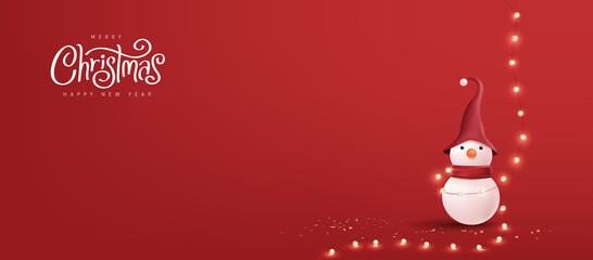 Wall Mural - merry christmas banner with snowman and fairy light on red background