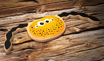 Sticker - Halloween spider cookie on wooden background - 3D illustration