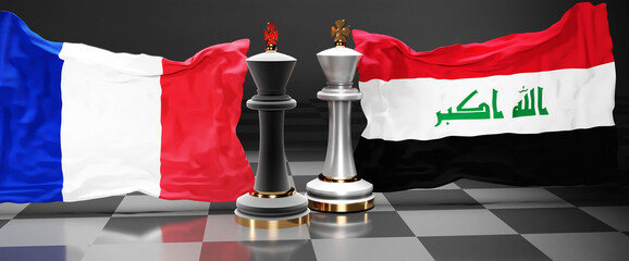 France Iraq summit, fight or a stand off between those two countries that aims at solving political issues, symbolized by a chess game with national flags, 3d illustration