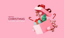 Christmas Gifts Box Realistic 3d Design. Xmas Composition Falling Open Pink Gift Boxes With Festive Decorative Objects, Pine Tree, Balls Bauble. Happy New Year Holiday Background. Vector Illustration