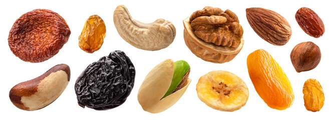 Wall Mural - set of nuts and dried fruits isolated on white background