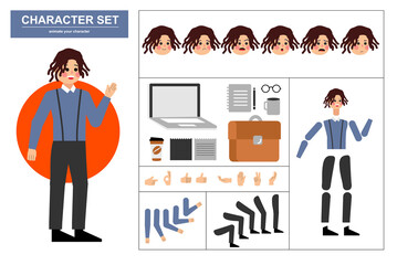 Wall Mural - 3\4 view animated characters. Office man character constructor with various views, face emotions, poses, gestures and office tools. Cartoon style, flat vector illustration