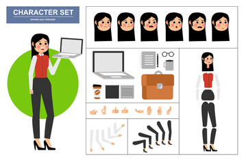 Wall Mural - 3\4 view animated characters. Office woman character constructor with various views, face emotions, poses, gestures and office tools. Cartoon style, flat vector illustration