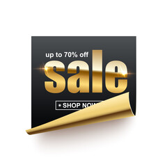 Sale shiny gold word on black sticker with curled edge, 3d realistic advertising banner