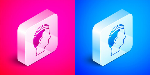 Sticker - Isometric Hairstyle for men icon isolated on pink and blue background. Silver square button. Vector