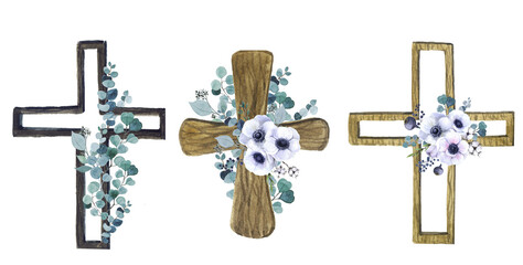 Watercolor crosses with flower bouquets. Easter catholic religious symbol. Orthodox cross for church and holidays. Latin symbol of the saint and spring floral arrangement