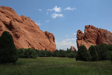 Scenic View Of Rugged Red Rock Landscape In Garden Of The Gods In Colorado, USA