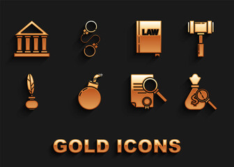 Sticker - Set Bomb ready to explode, Judge gavel, Money bag and magnifying glass, Document with search, Feather inkwell, Law book, Courthouse building and Handcuffs icon. Vector